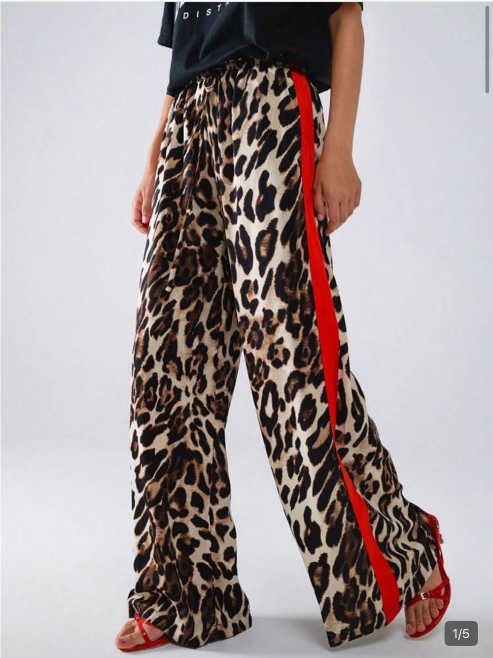 Leopard Print Wide-Leg Pants with Red Side Stripe